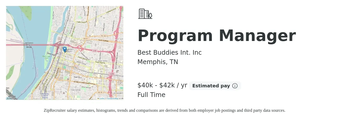 Best Buddies Int. Inc job posting for a Program Manager in Memphis, TN with a salary of $40,000 to $42,000 Yearly with a map of Memphis location.