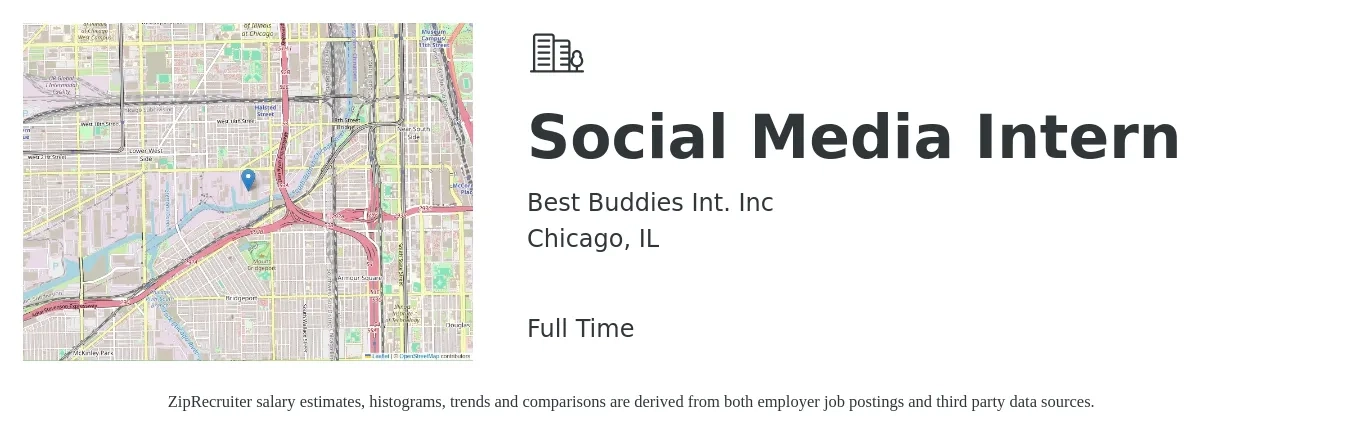 Best Buddies Int. Inc job posting for a Social Media Intern in Chicago, IL with a salary of $16 to $20 Hourly with a map of Chicago location.