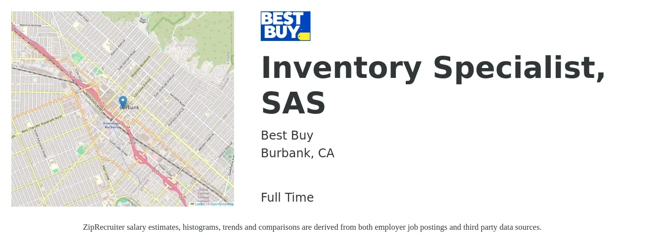 Best Buy job posting for a Inventory Specialist, SAS in Burbank, CA with a salary of $19 to $24 Hourly with a map of Burbank location.