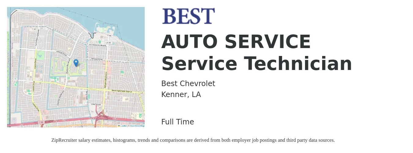Best Chevrolet job posting for a AUTO SERVICE Service Technician in Kenner, LA with a salary of $16 to $25 Hourly with a map of Kenner location.