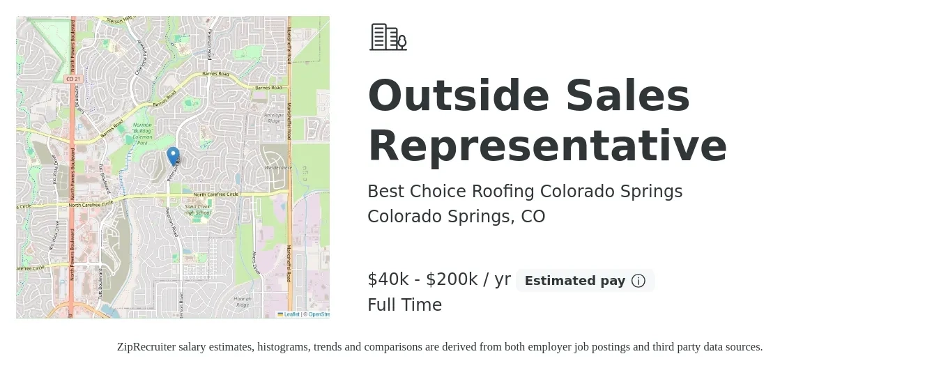 Best Choice Roofing Colorado Springs job posting for a Outside Sales Representative in Colorado Springs, CO with a salary of $40,000 to $200,000 Yearly with a map of Colorado Springs location.