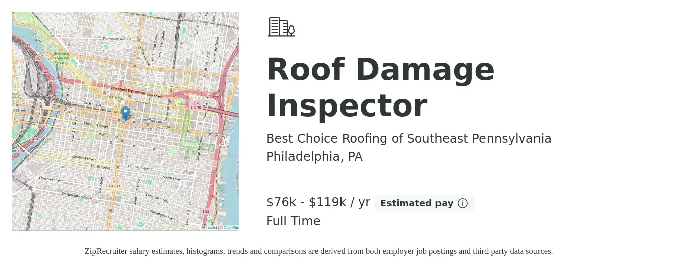 Best Choice Roofing of Southeast Pennsylvania job posting for a Roof Damage Inspector in Philadelphia, PA with a salary of $76,425 to $119,800 Yearly with a map of Philadelphia location.