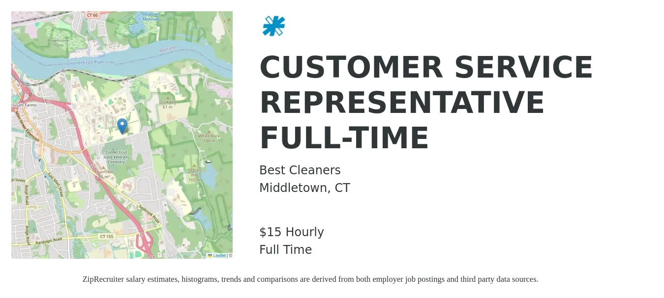 Best Cleaners job posting for a CUSTOMER SERVICE REPRESENTATIVE FULL-TIME in Middletown, CT with a salary of $16 Hourly with a map of Middletown location.