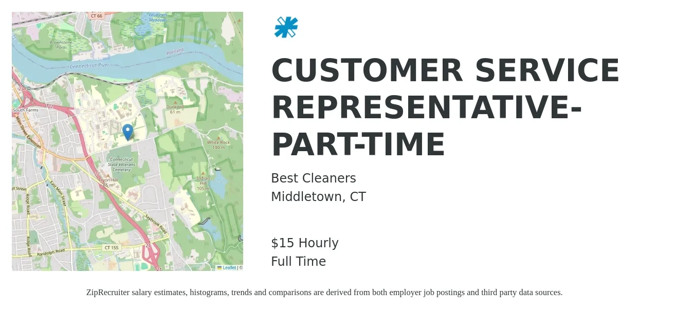 Best Cleaners job posting for a CUSTOMER SERVICE REPRESENTATIVE-PART-TIME in Middletown, CT with a salary of $16 Hourly with a map of Middletown location.