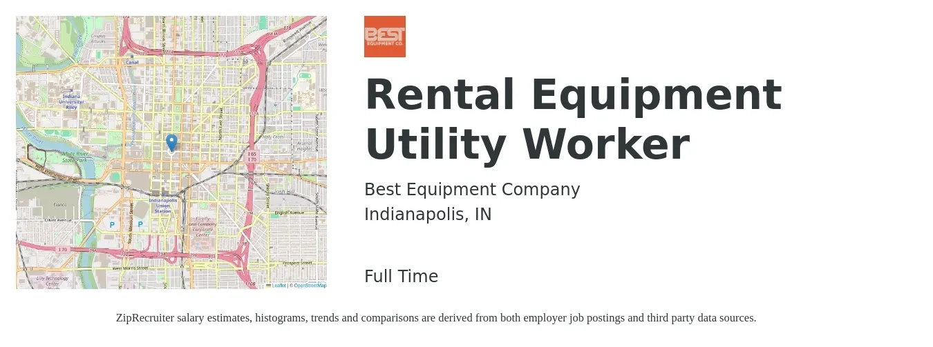 Best Equipment Company job posting for a Rental Equipment Utility Worker in Indianapolis, IN with a salary of $14 to $22 Hourly with a map of Indianapolis location.