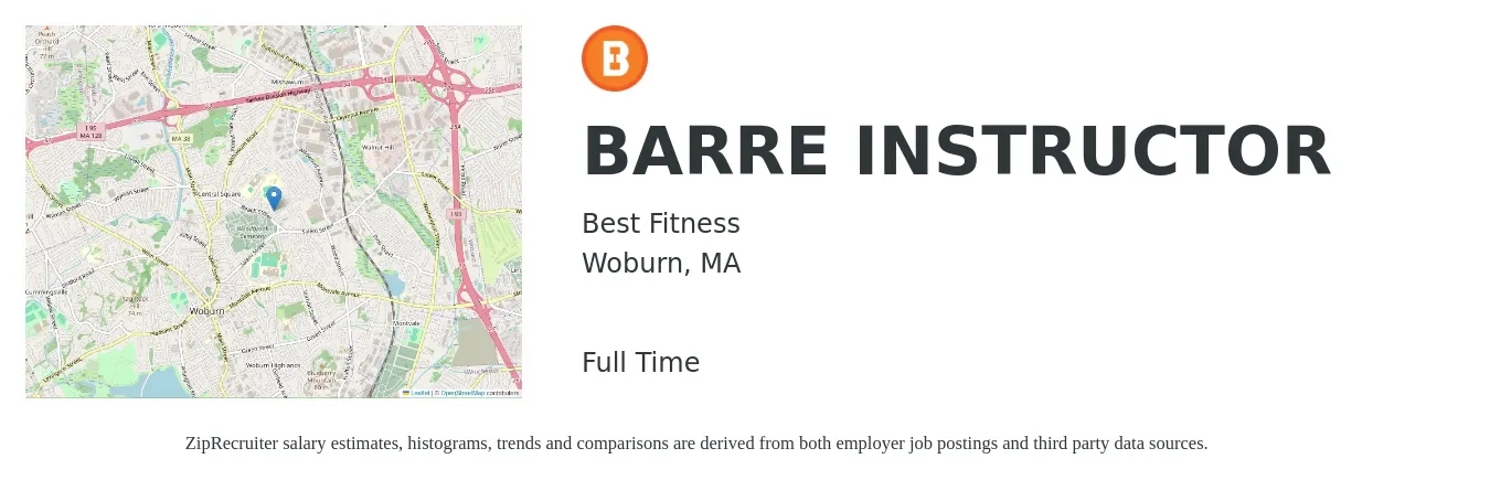Best Fitness job posting for a BARRE INSTRUCTOR in Woburn, MA with a salary of $20 to $33 Hourly with a map of Woburn location.