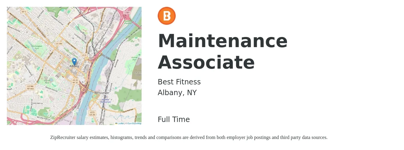Best Fitness job posting for a Maintenance Associate in Albany, NY with a salary of $16 to $22 Hourly with a map of Albany location.