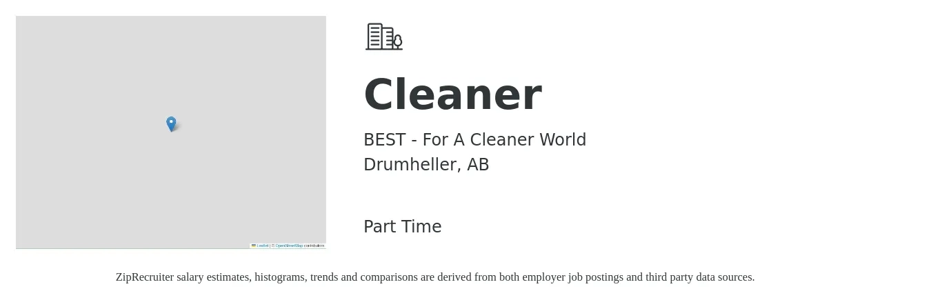 BEST - For A Cleaner World job posting for a Cleaner in Drumheller, AB with a map of Drumheller location.