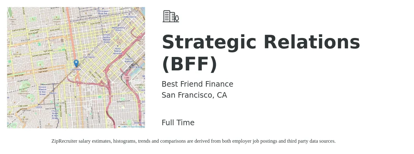 Best Friend Finance job posting for a Strategic Relations (BFF) in San Francisco, CA with a salary of $57,700 to $106,000 Yearly with a map of San Francisco location.