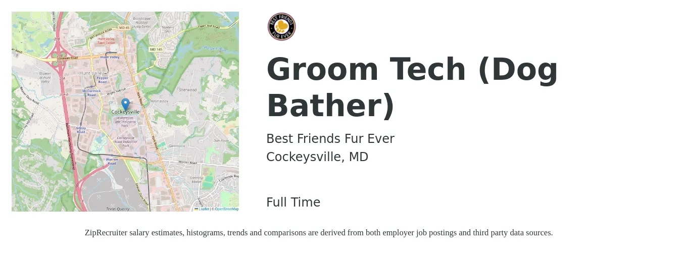 Best Friends Fur Ever job posting for a Groom Tech (Dog Bather) in Cockeysville, MD with a salary of $16 to $17 Hourly with a map of Cockeysville location.