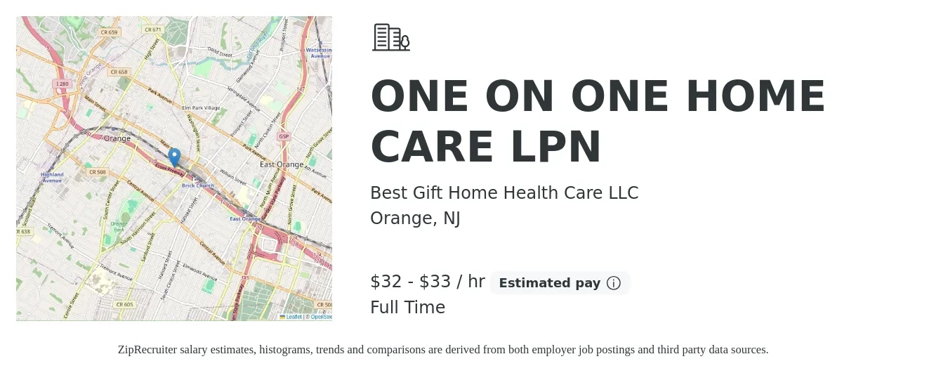 Best Gift Home Health Care LLC job posting for a ONE ON ONE HOME CARE LPN in Orange, NJ with a salary of $34 to $35 Hourly with a map of Orange location.