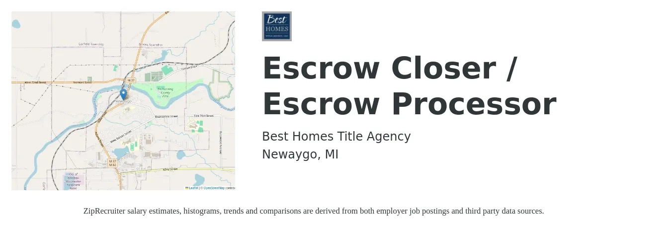 Best Homes Title Agency job posting for a Escrow Closer / Escrow Processor in Newaygo, MI with a salary of $42,700 to $49,100 Yearly with a map of Newaygo location.