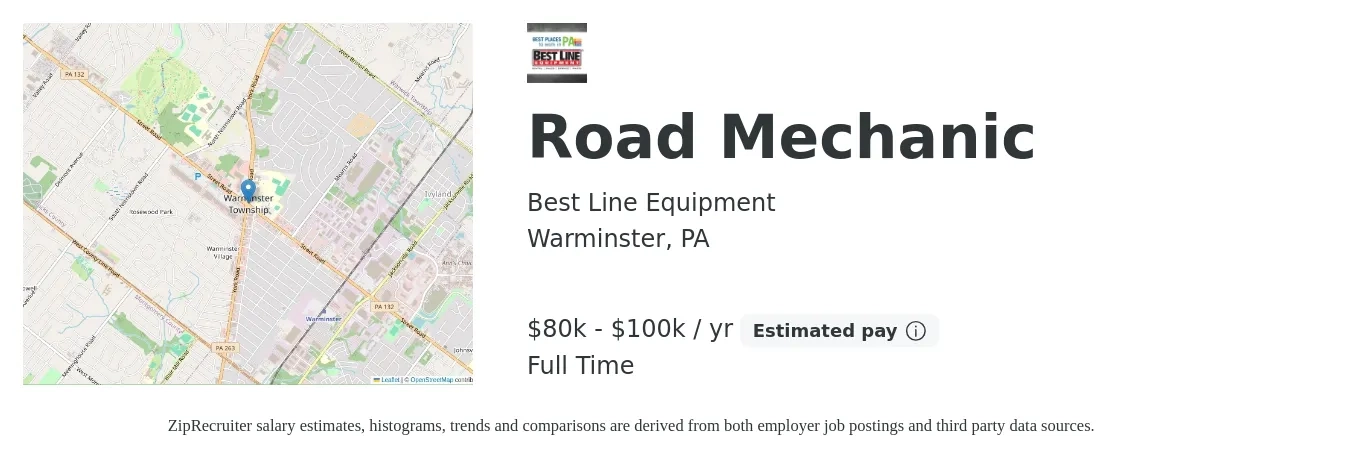 Best Line Equipment job posting for a Road Mechanic in Warminster, PA with a salary of $80,000 to $100,000 Yearly with a map of Warminster location.