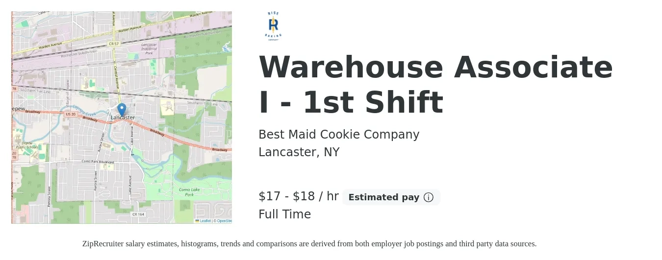 Best Maid Cookie Company job posting for a Warehouse Associate I - 1st Shift in Lancaster, NY with a salary of $18 to $20 Hourly with a map of Lancaster location.