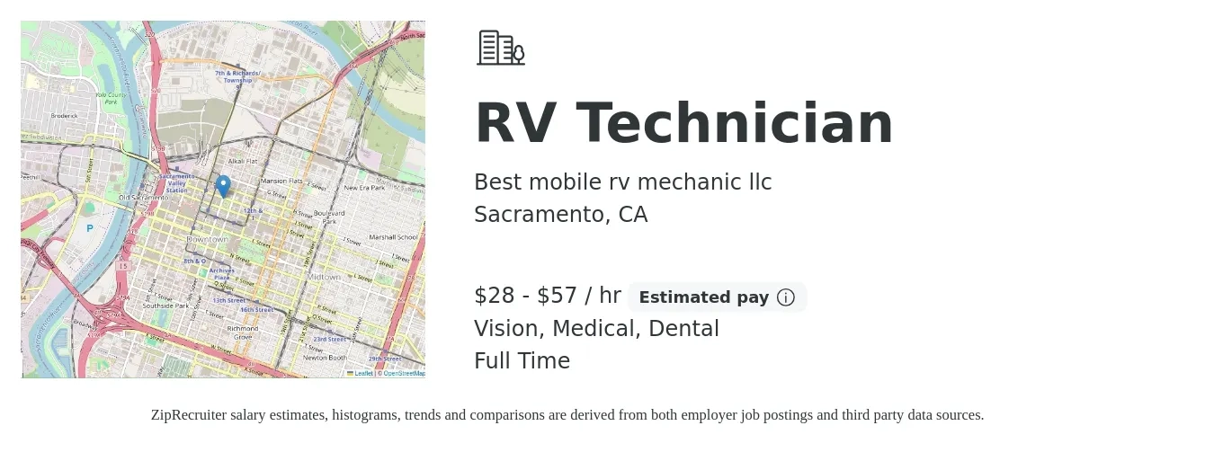 Best mobile rv mechanic llc job posting for a RV Technician in Sacramento, CA with a salary of $30 to $60 Hourly and benefits including dental, life_insurance, medical, pto, retirement, and vision with a map of Sacramento location.