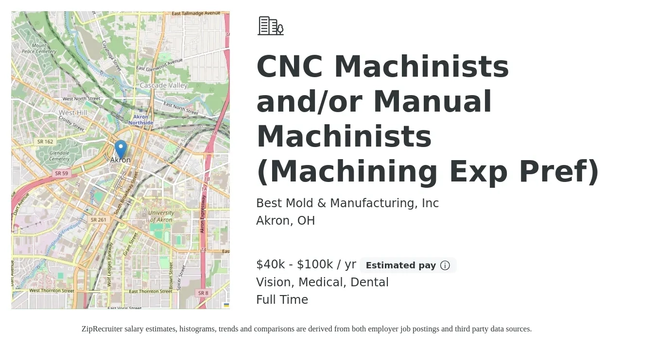 Best Mold & Manufacturing, Inc job posting for a CNC Machinists and/or Manual Machinists (Machining Exp Pref) in Akron, OH with a salary of $40,000 to $100,000 Yearly and benefits including dental, life_insurance, medical, pto, retirement, and vision with a map of Akron location.