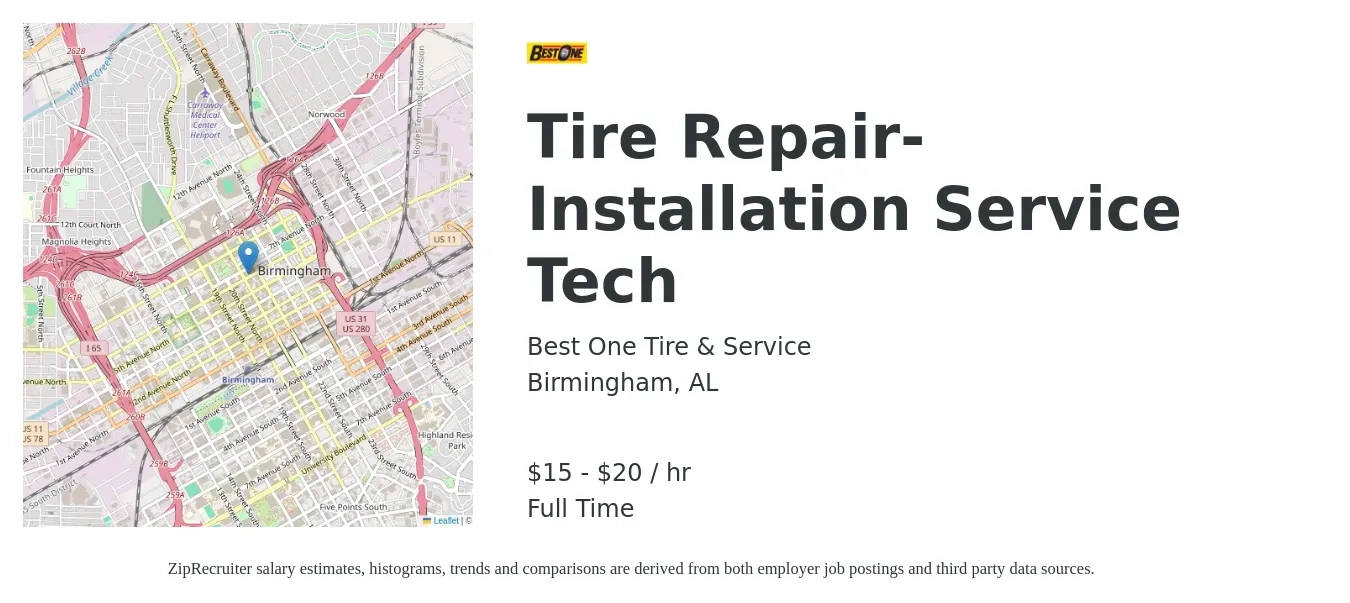Best One Tire & Service job posting for a Tire Repair-Installation Service Tech in Birmingham, AL with a salary of $16 to $21 Hourly with a map of Birmingham location.