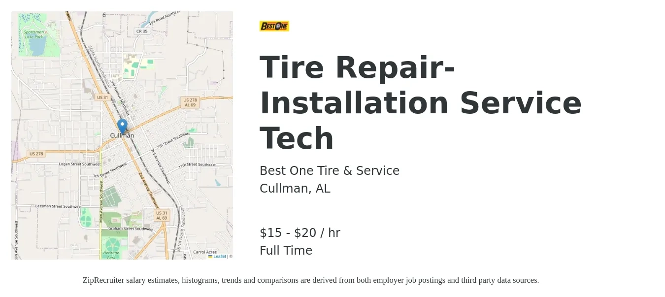 Best One Tire & Service job posting for a Tire Repair-Installation Service Tech in Cullman, AL with a salary of $16 to $21 Hourly with a map of Cullman location.