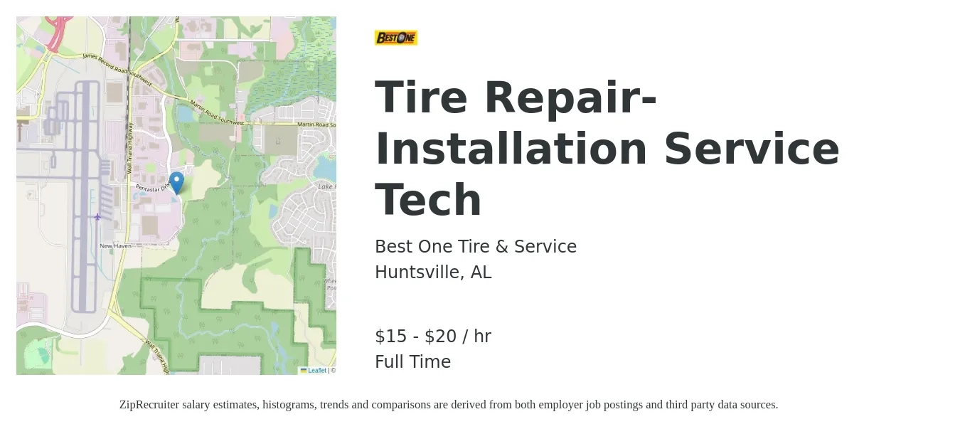 Best One Tire & Service job posting for a Tire Repair-Installation Service Tech in Huntsville, AL with a salary of $16 to $21 Hourly with a map of Huntsville location.