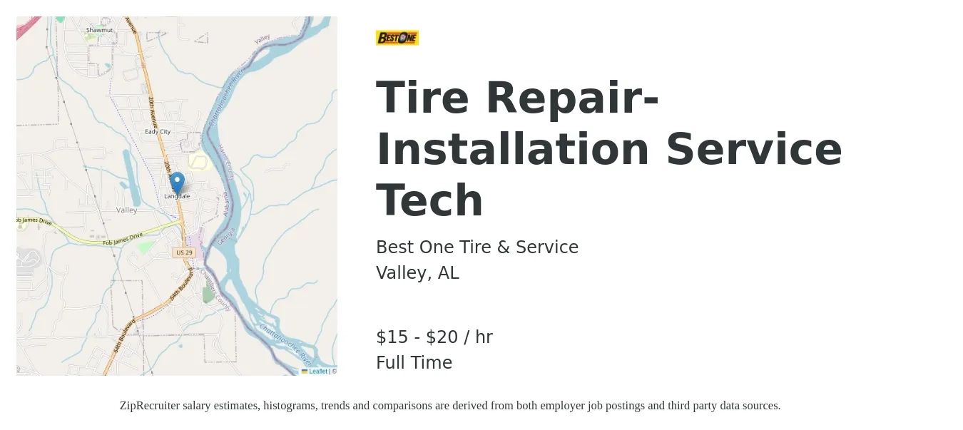 Best One Tire & Service job posting for a Tire Repair-Installation Service Tech in Valley, AL with a salary of $16 to $21 Hourly with a map of Valley location.
