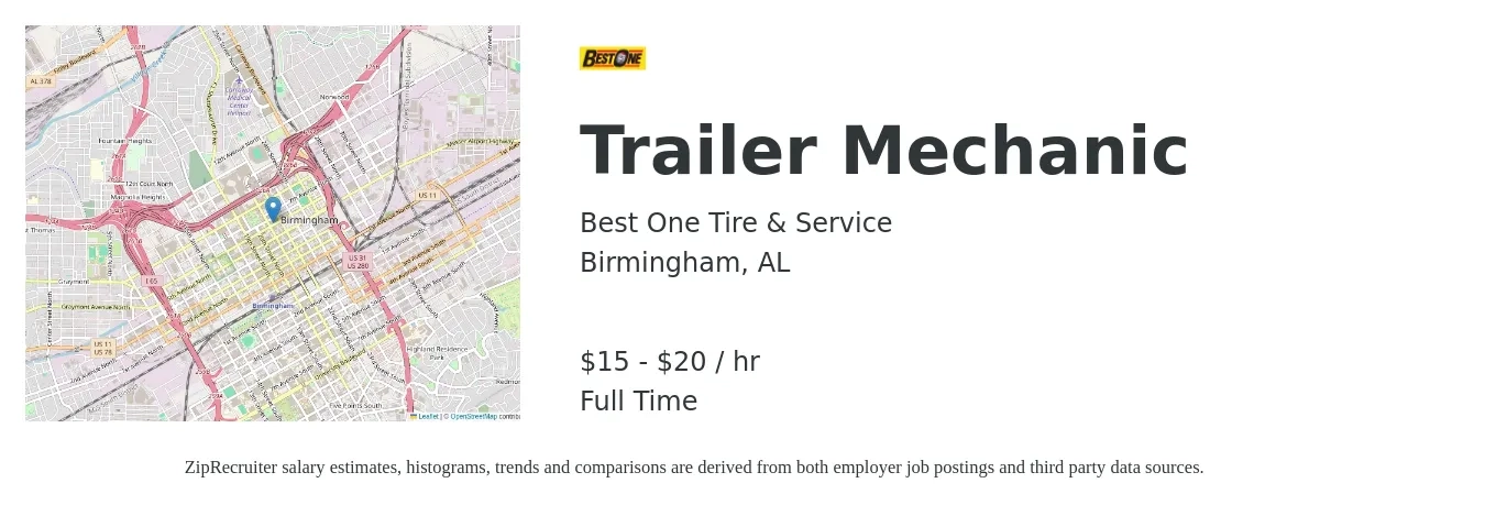 Best One Tire & Service job posting for a Trailer Mechanic in Birmingham, AL with a salary of $16 to $21 Hourly with a map of Birmingham location.