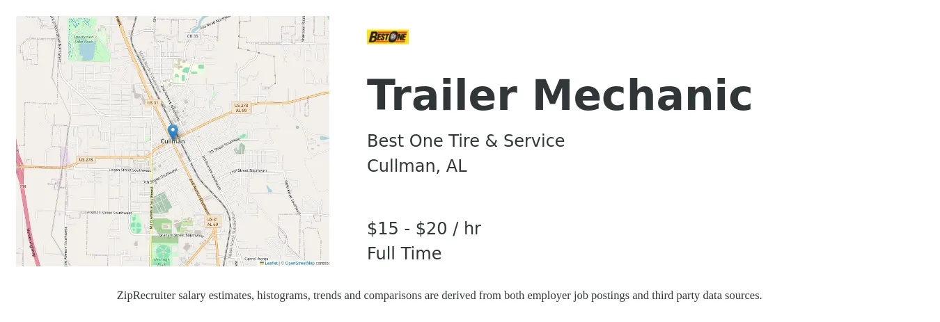 Best One Tire & Service job posting for a Trailer Mechanic in Cullman, AL with a salary of $16 to $21 Hourly with a map of Cullman location.