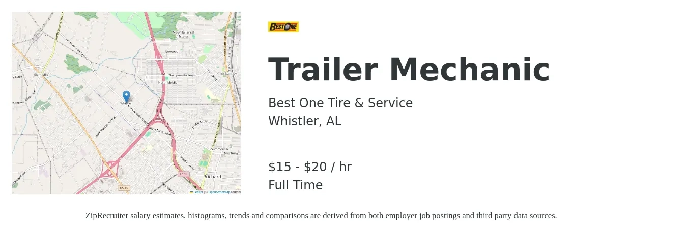 Best One Tire & Service job posting for a Trailer Mechanic in Whistler, AL with a salary of $16 to $21 Hourly with a map of Whistler location.