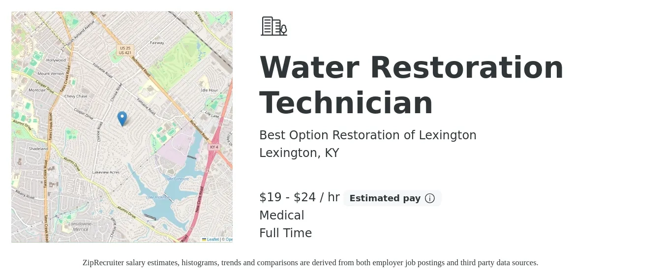 Best Option Restoration of Lexington job posting for a Water Restoration Technician in Lexington, KY with a salary of $17 to $20 Hourly with a map of Lexington location.