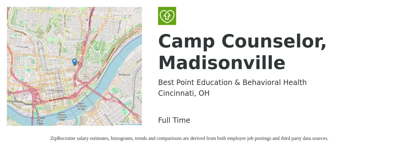 Best Point Education & Behavioral Health job posting for a Camp Counselor, Madisonville in Cincinnati, OH with a salary of $14 to $18 Hourly with a map of Cincinnati location.
