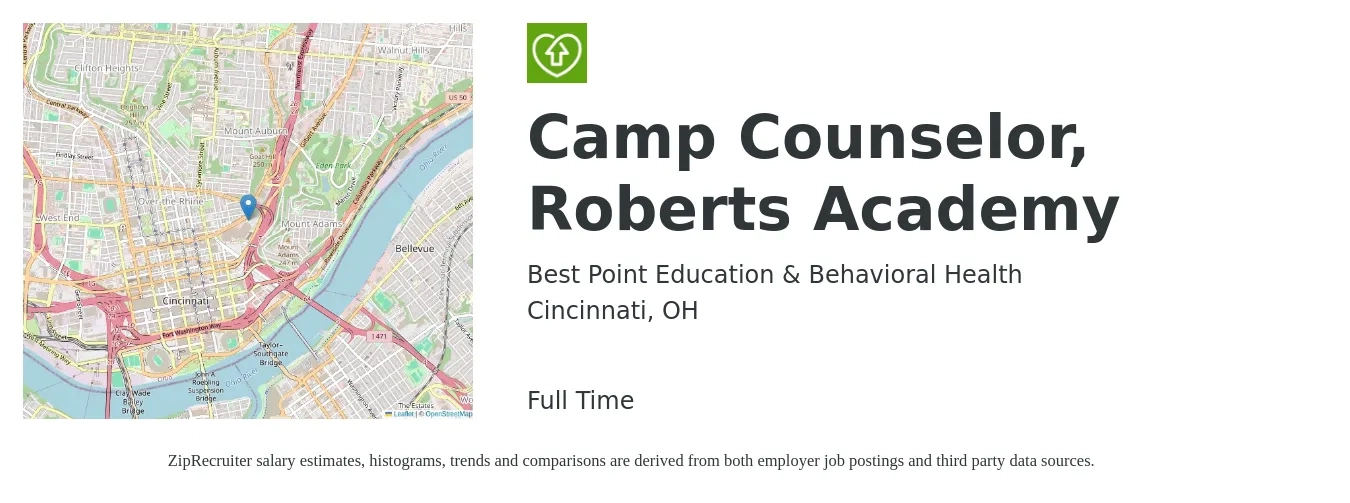 Best Point Education & Behavioral Health job posting for a Camp Counselor, Roberts Academy in Cincinnati, OH with a salary of $12 to $17 Hourly with a map of Cincinnati location.