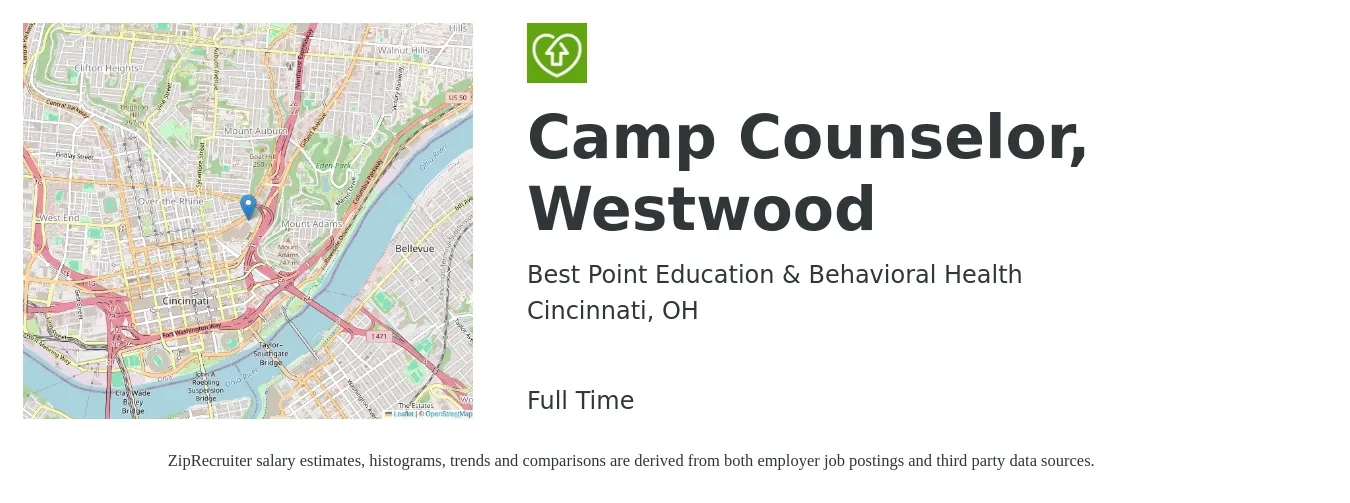 Best Point Education & Behavioral Health job posting for a Camp Counselor, Westwood in Cincinnati, OH with a salary of $12 to $17 Hourly with a map of Cincinnati location.