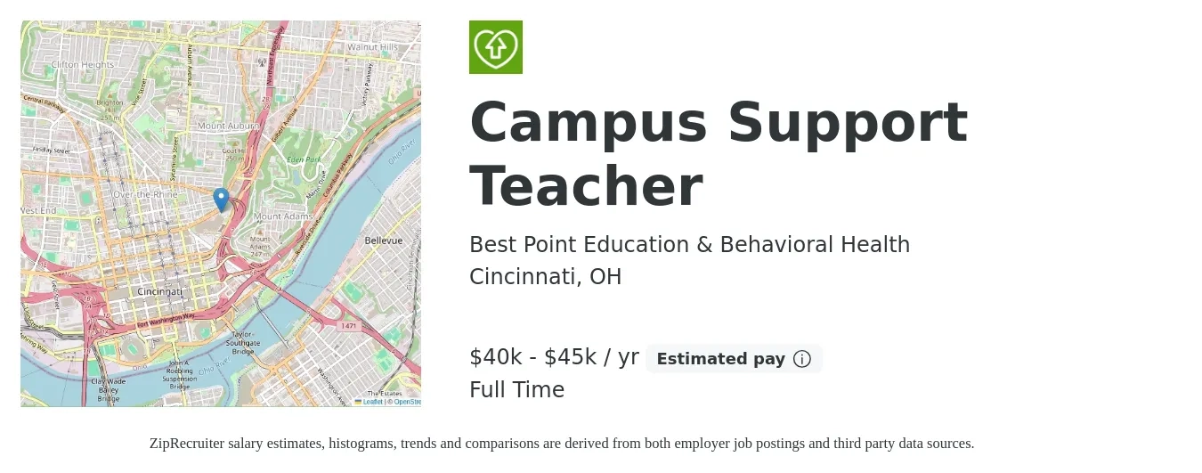 Best Point Education & Behavioral Health job posting for a Campus Support Teacher in Cincinnati, OH with a salary of $40,000 to $45,000 Yearly with a map of Cincinnati location.