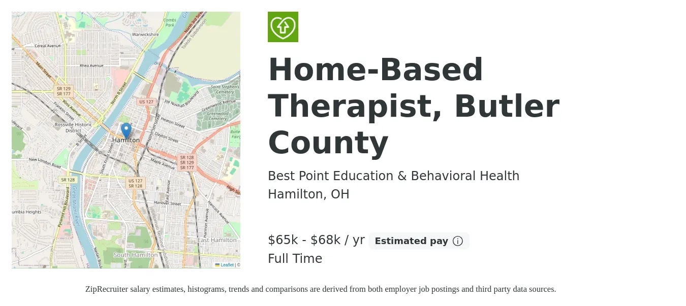 Best Point Education & Behavioral Health job posting for a Home-Based Therapist, Butler County in Hamilton, OH with a salary of $65,000 to $68,000 Yearly with a map of Hamilton location.