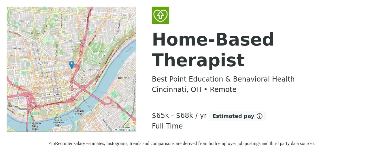 Best Point Education & Behavioral Health job posting for a Home-Based Therapist in Cincinnati, OH with a salary of $65,000 to $68,000 Yearly with a map of Cincinnati location.