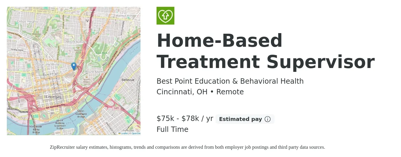 Best Point Education & Behavioral Health job posting for a Home-Based Treatment Supervisor in Cincinnati, OH with a salary of $75,000 to $78,000 Yearly with a map of Cincinnati location.