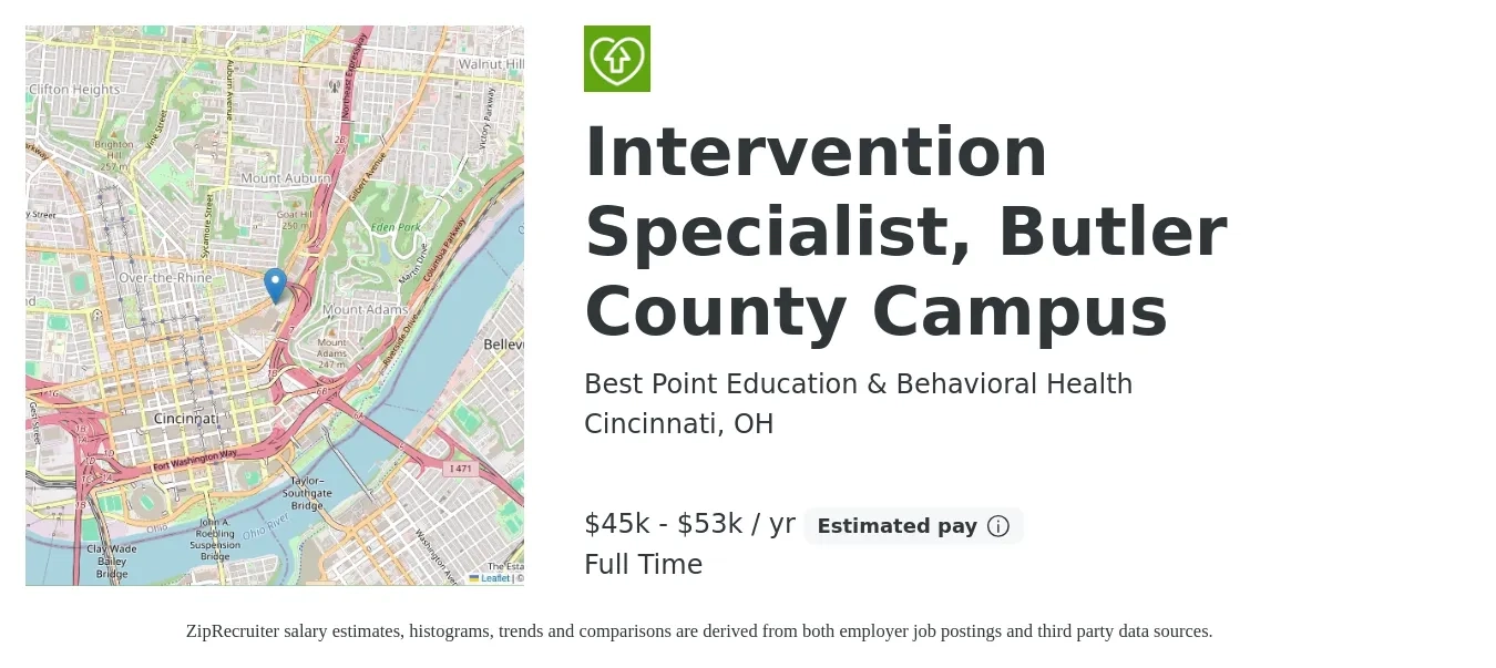 Best Point Education & Behavioral Health job posting for a Intervention Specialist, Butler County Campus in Cincinnati, OH with a salary of $45,000 to $53,000 Yearly with a map of Cincinnati location.