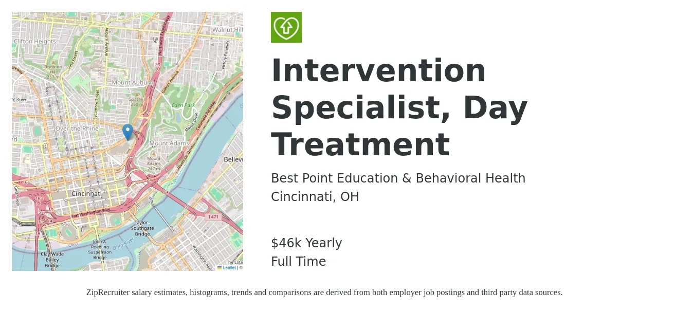 Best Point Education & Behavioral Health job posting for a Intervention Specialist, Day Treatment in Cincinnati, OH with a salary of $46,500 Yearly with a map of Cincinnati location.