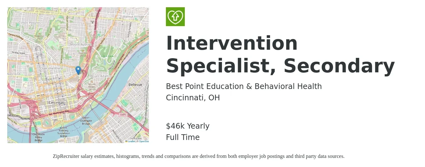 Best Point Education & Behavioral Health job posting for a Intervention Specialist, Secondary in Cincinnati, OH with a salary of $46,500 Yearly with a map of Cincinnati location.