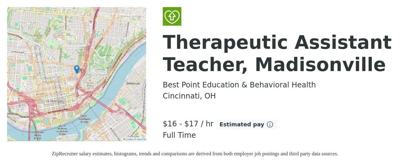 Best Point Education & Behavioral Health job posting for a Therapeutic Assistant Teacher, Madisonville in Cincinnati, OH with a salary of $17 to $18 Hourly with a map of Cincinnati location.