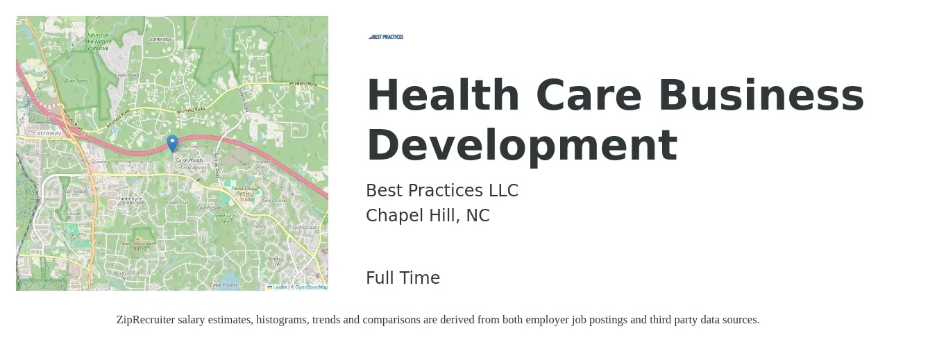Best Practices LLC job posting for a Health Care Business Development in Chapel Hill, NC with a salary of $37,900 to $51,900 Yearly with a map of Chapel Hill location.