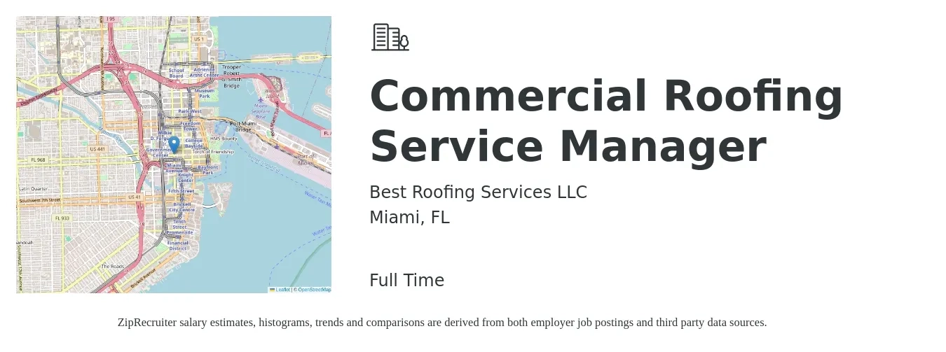 Best Roofing Services LLC job posting for a Commercial Roofing Service Manager in Miami, FL with a salary of $53,500 to $77,400 Yearly with a map of Miami location.
