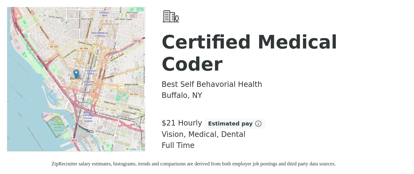 Best Self Behavorial Health job posting for a Certified Medical Coder in Buffalo, NY with a salary of $22 Hourly and benefits including dental, medical, pto, retirement, and vision with a map of Buffalo location.