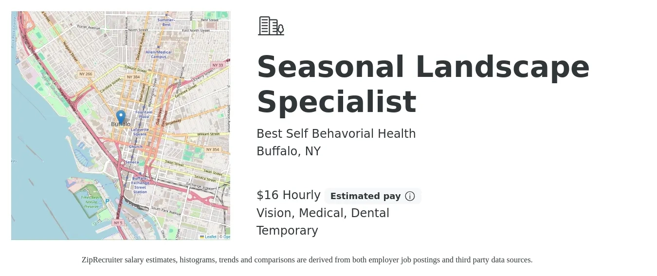 Best Self Behavorial Health job posting for a Seasonal Landscape Specialist in Buffalo, NY with a salary of $17 Hourly and benefits including dental, medical, pto, retirement, and vision with a map of Buffalo location.