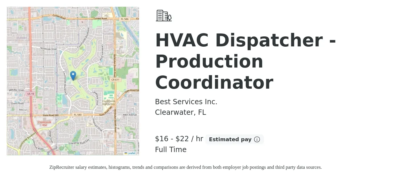 Best Services Inc. job posting for a HVAC Dispatcher - Production Coordinator in Clearwater, FL with a salary of $17 to $23 Hourly with a map of Clearwater location.