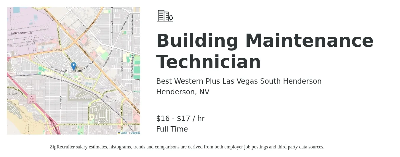 Best Western Plus Las Vegas South Henderson job posting for a Building Maintenance Technician in Henderson, NV with a salary of $17 to $18 Hourly with a map of Henderson location.