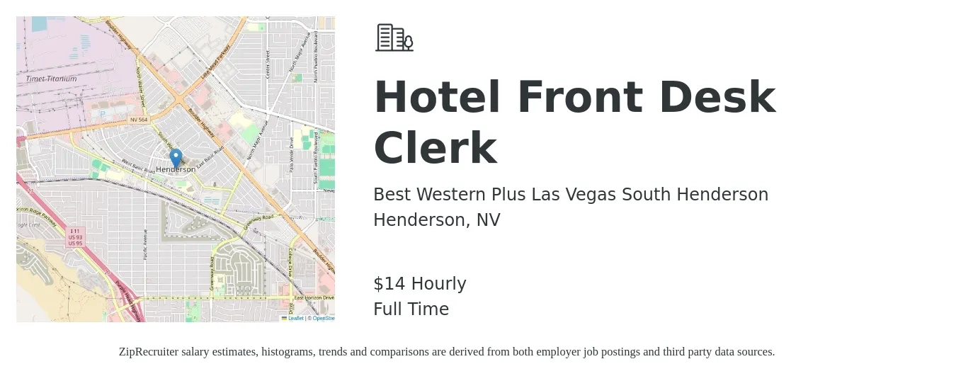 Best Western Plus Las Vegas South Henderson job posting for a Hotel Front Desk Clerk in Henderson, NV with a salary of $15 to $16 Hourly with a map of Henderson location.