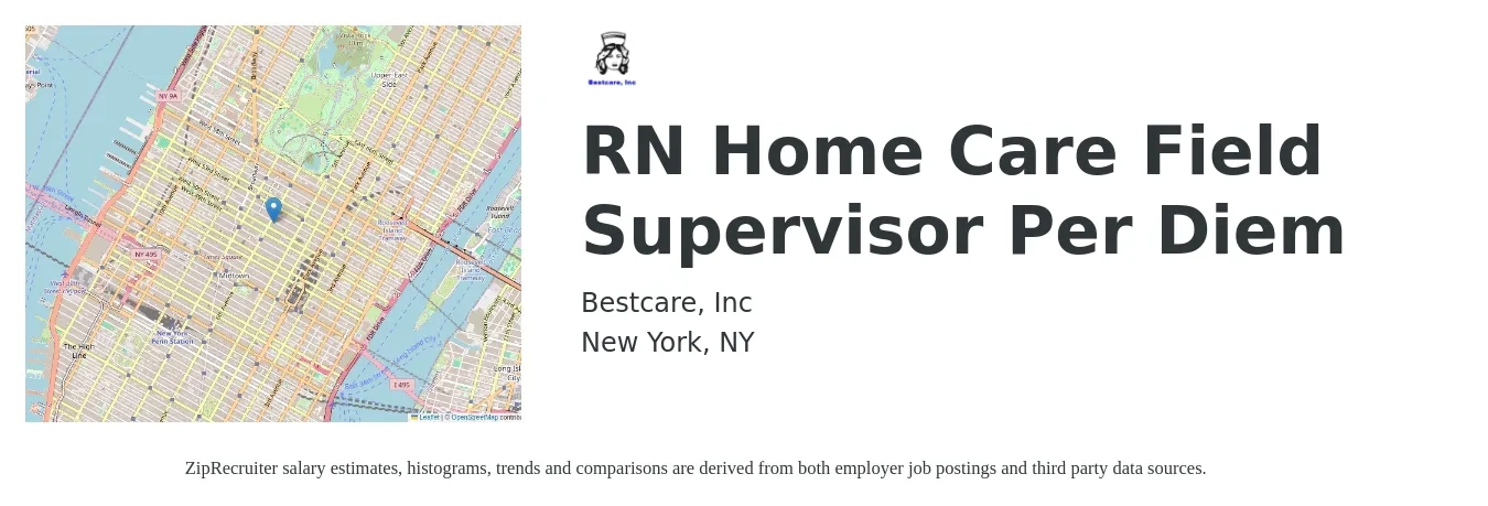 Bestcare, Inc job posting for a RN Home Care Field Supervisor Per Diem in New York, NY with a salary of $77,600 to $107,800 Yearly with a map of New York location.
