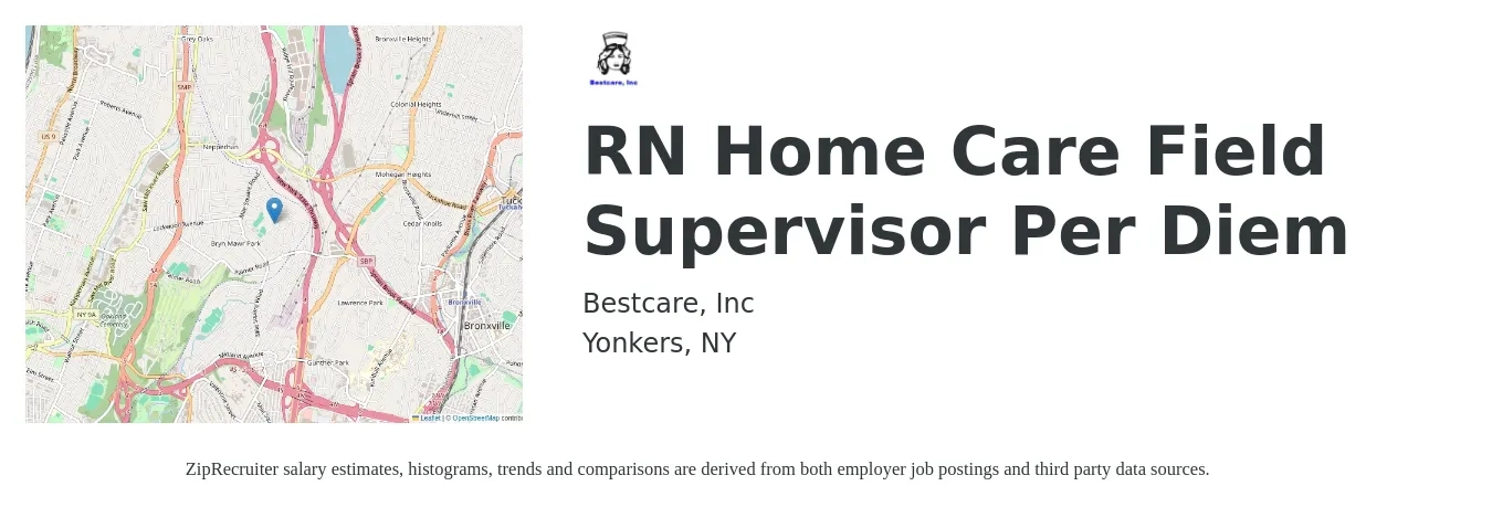 Bestcare, Inc job posting for a RN Home Care Field Supervisor Per Diem in Yonkers, NY with a salary of $77,200 to $107,300 Yearly with a map of Yonkers location.