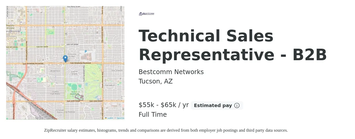 Bestcomm Networks job posting for a Technical Sales Representative - B2B in Tucson, AZ with a salary of $55,000 to $65,000 Yearly with a map of Tucson location.