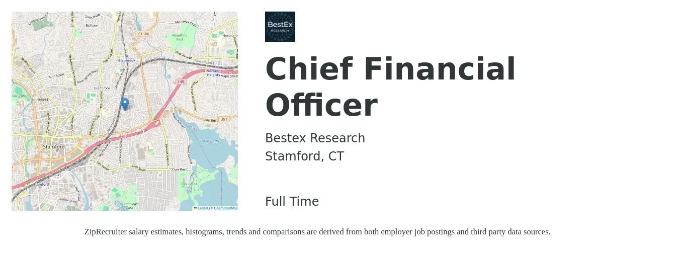 Bestex Research job posting for a Chief Financial Officer in Stamford, CT with a salary of $150,300 to $426,500 Yearly with a map of Stamford location.
